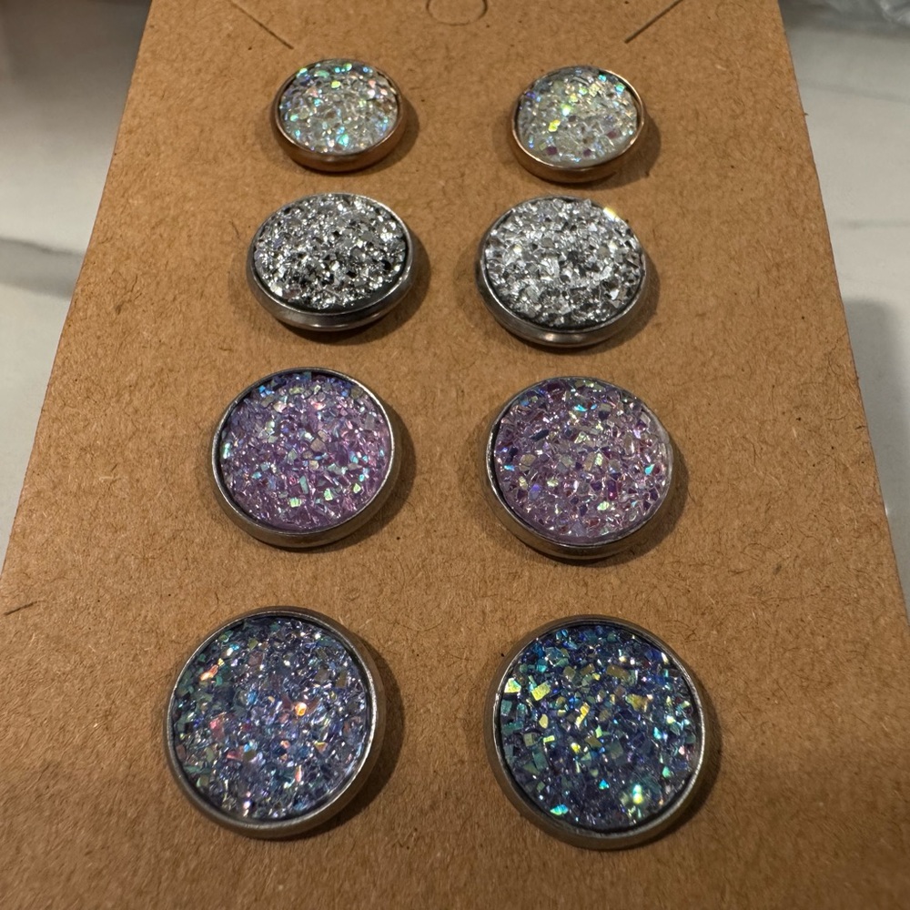NWOT Faux Druzy Stud Earrings 4pk White/Silver/Purple/Blue (1- 10mm/ 3- 12mm)